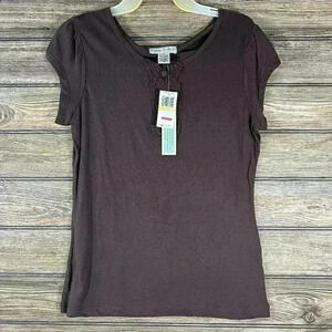 Vintage Suzie Brown 100% Cotton Tshirt Size Medium NWT Cap Sleeve Crochet Front